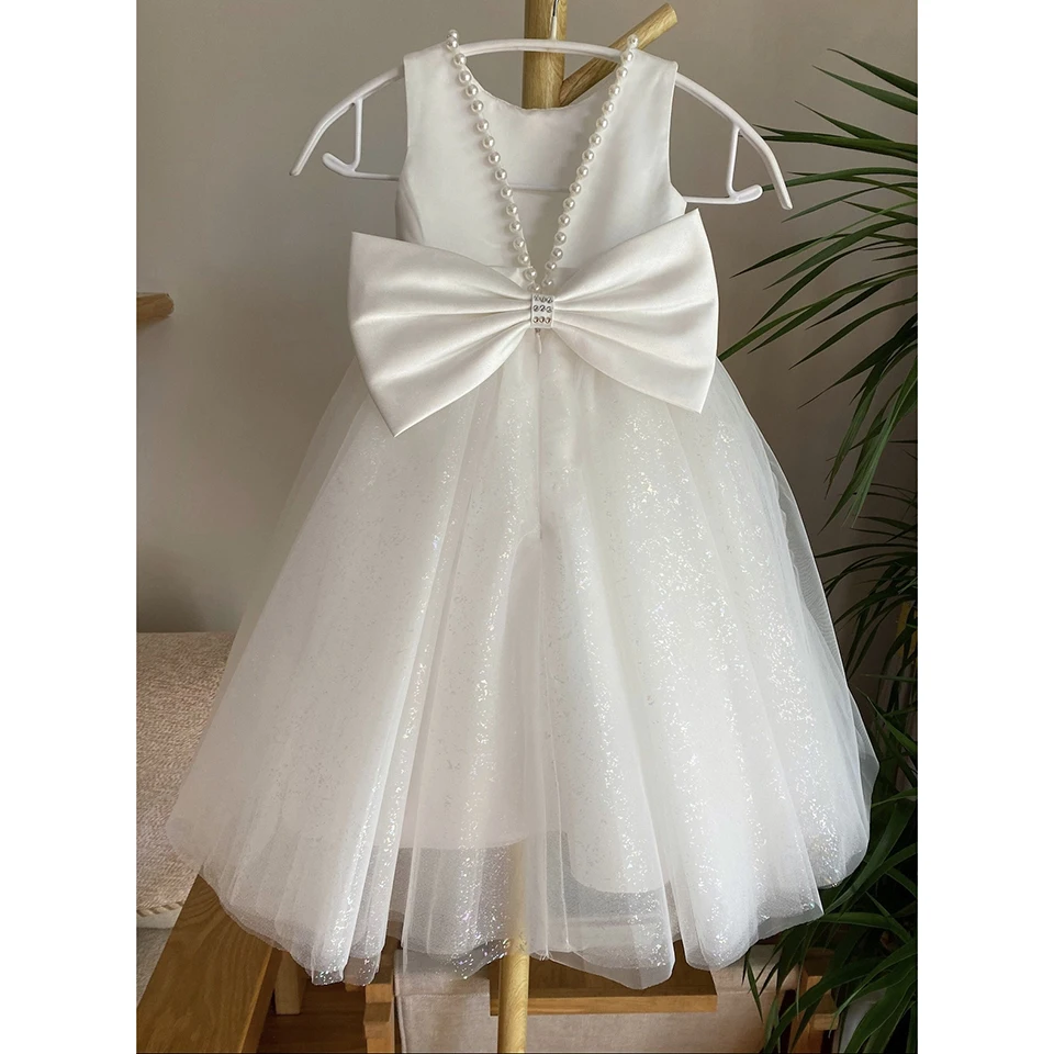 Customized Kids White O-Neck Pearls Bow TFlower Girl Dress 2024 Ball Gown Sleeveless First Communion Dress Girl Pageant Dresses