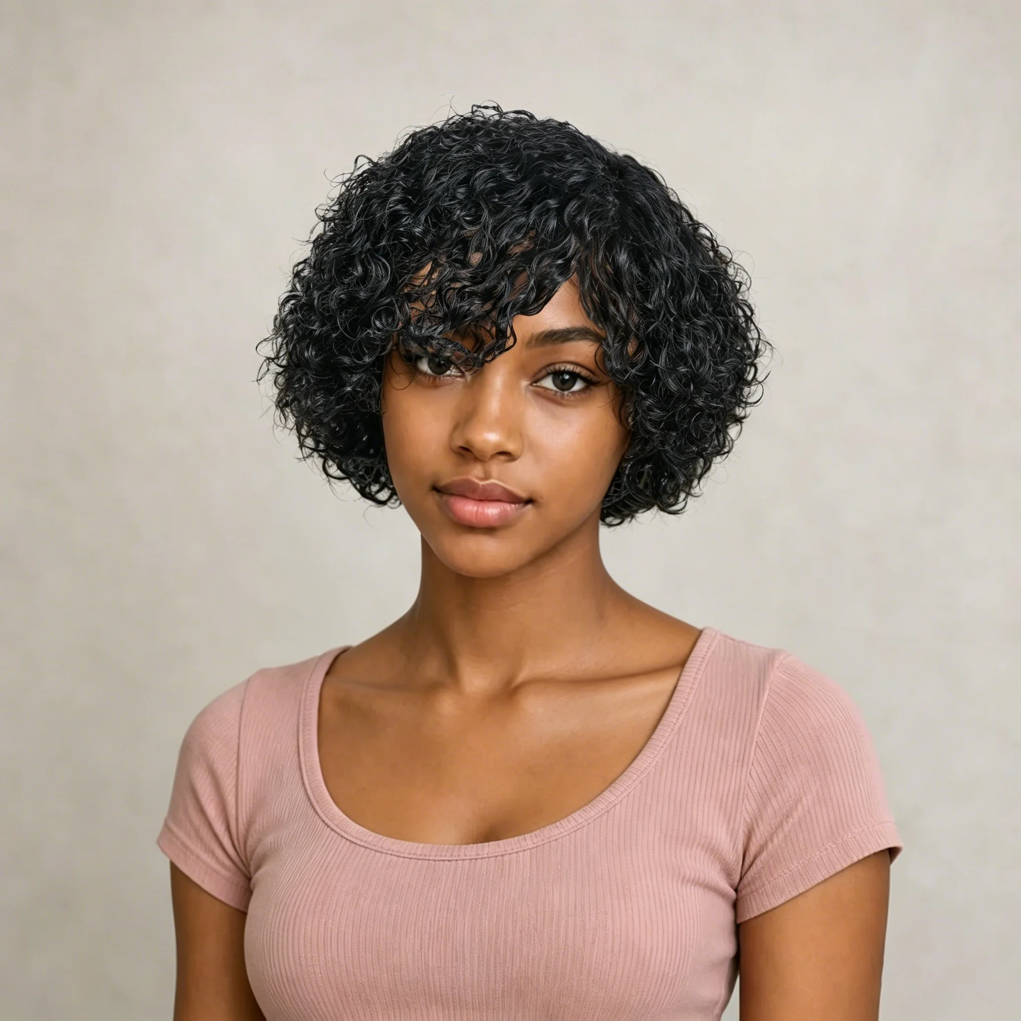 

Black Short Kinky Curly Bob Wig with Bangs Natural Looking Human Hair Full Machine Made Voluminous Loose Corkscrew Curly Wig