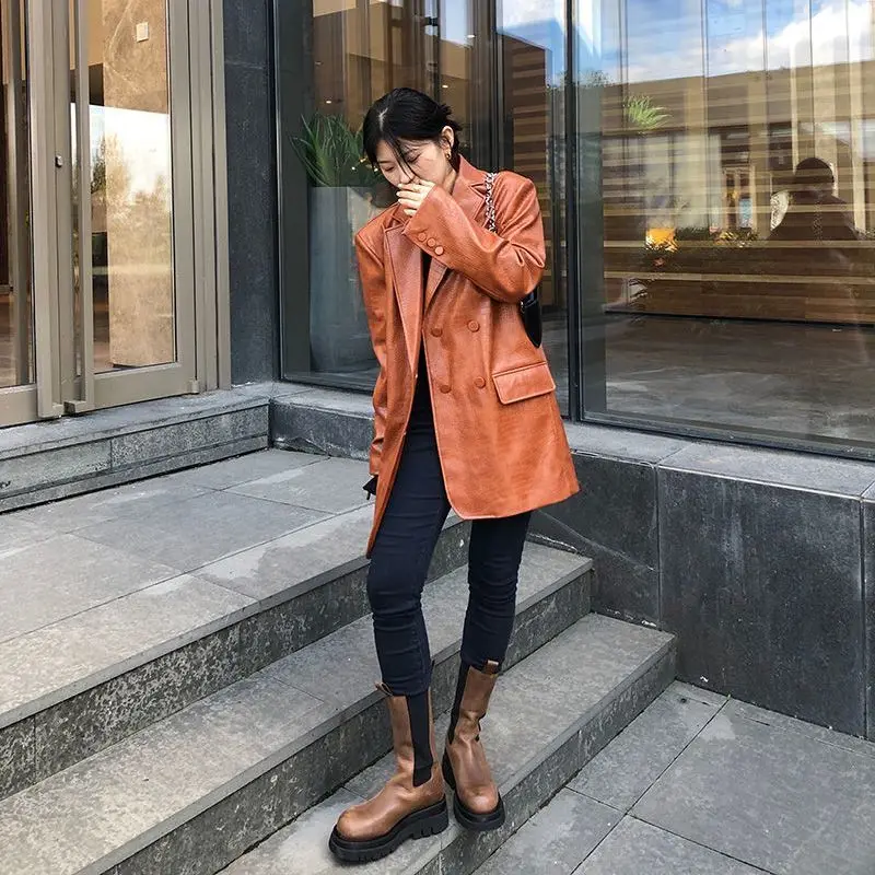 

Spring Autumn Fashion Blazer Leather Jacket for Women Trendy Retro Style Loose Fit Casual Oversized Crocodile Pattern Suit Coat