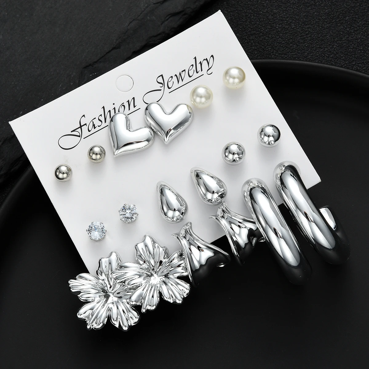 18pcs Bohemian Heart Floral Earring Sets for Women Silver Color Faux Pearl Zircon Geometric C Shape Earrings Daily Wear Jewelry