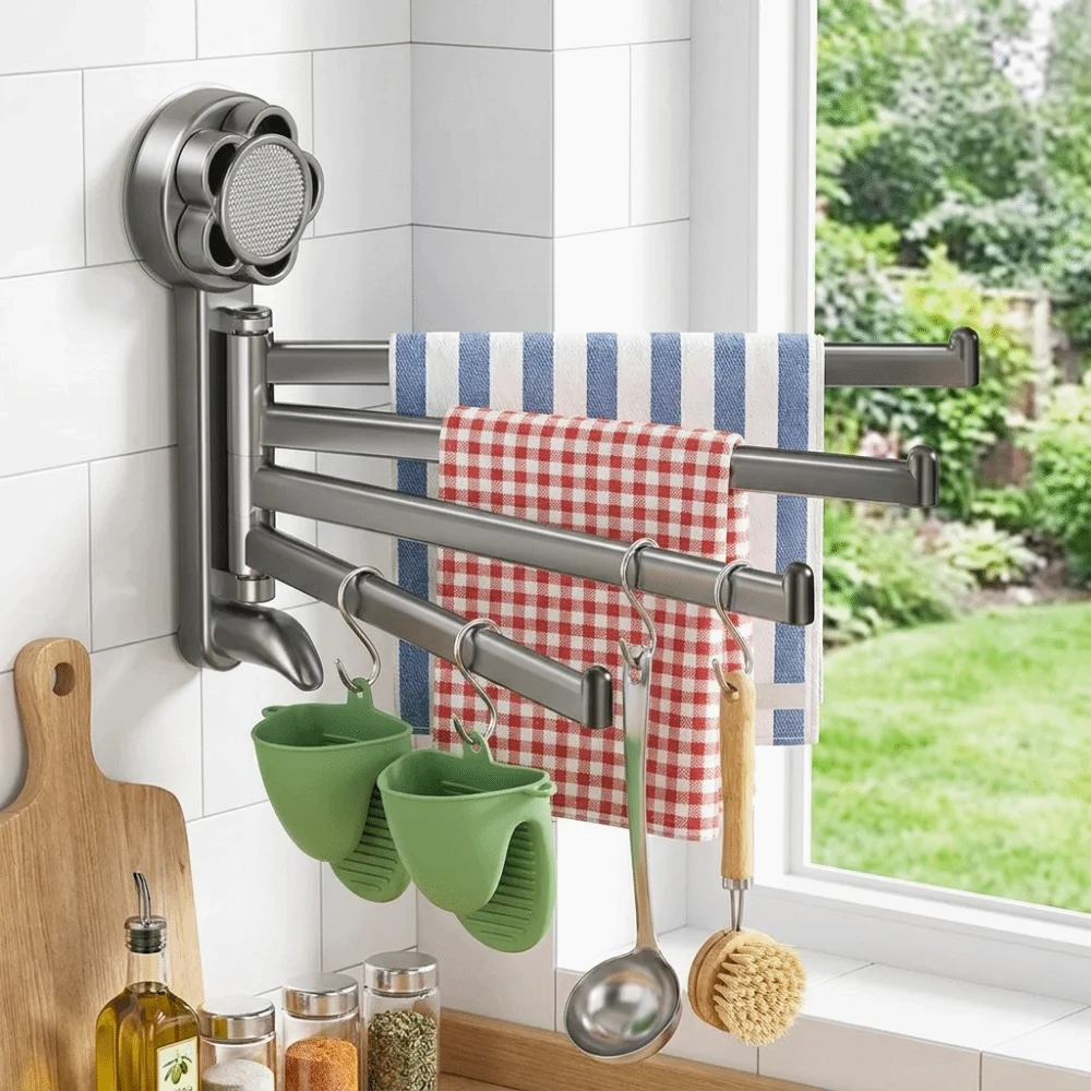 Multi-Functional Suction Cup Towel Rack Wall Mounted Rotating Towel Hanger 3/4-Bar with Hook Bath Towel Holder Shower