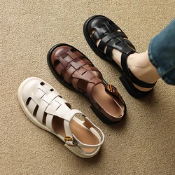 2024 new spring women sandals natural leather shoes 22-24.5cm washed cowhide+pigskin full leather t-strap Flat retro toe sandals