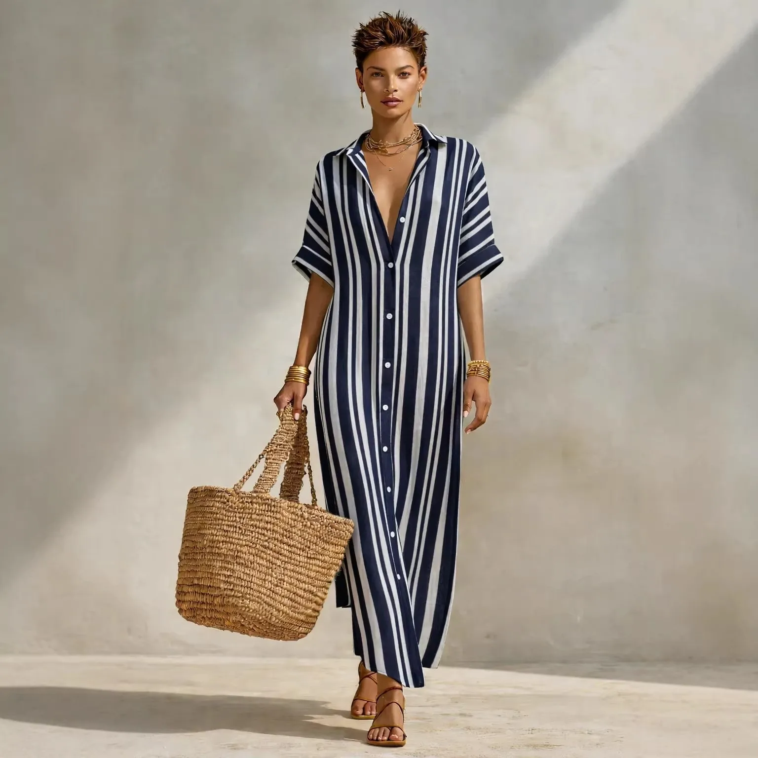 Summer Woman Shirt Dress Open Front Digital Print Long Length Dress Striped Loose Waist Maxi Dress Button Front Beige Navy Blue