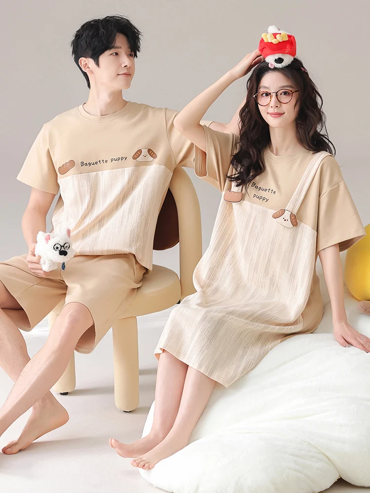 pyjamas-coreens-en-coton-pour-couples-ensemble-d'ete-a-manches-courtes-motif-dessin-anime-mignon-vetements-d'interieur-pour-hommes-col-rond-manches-courtes