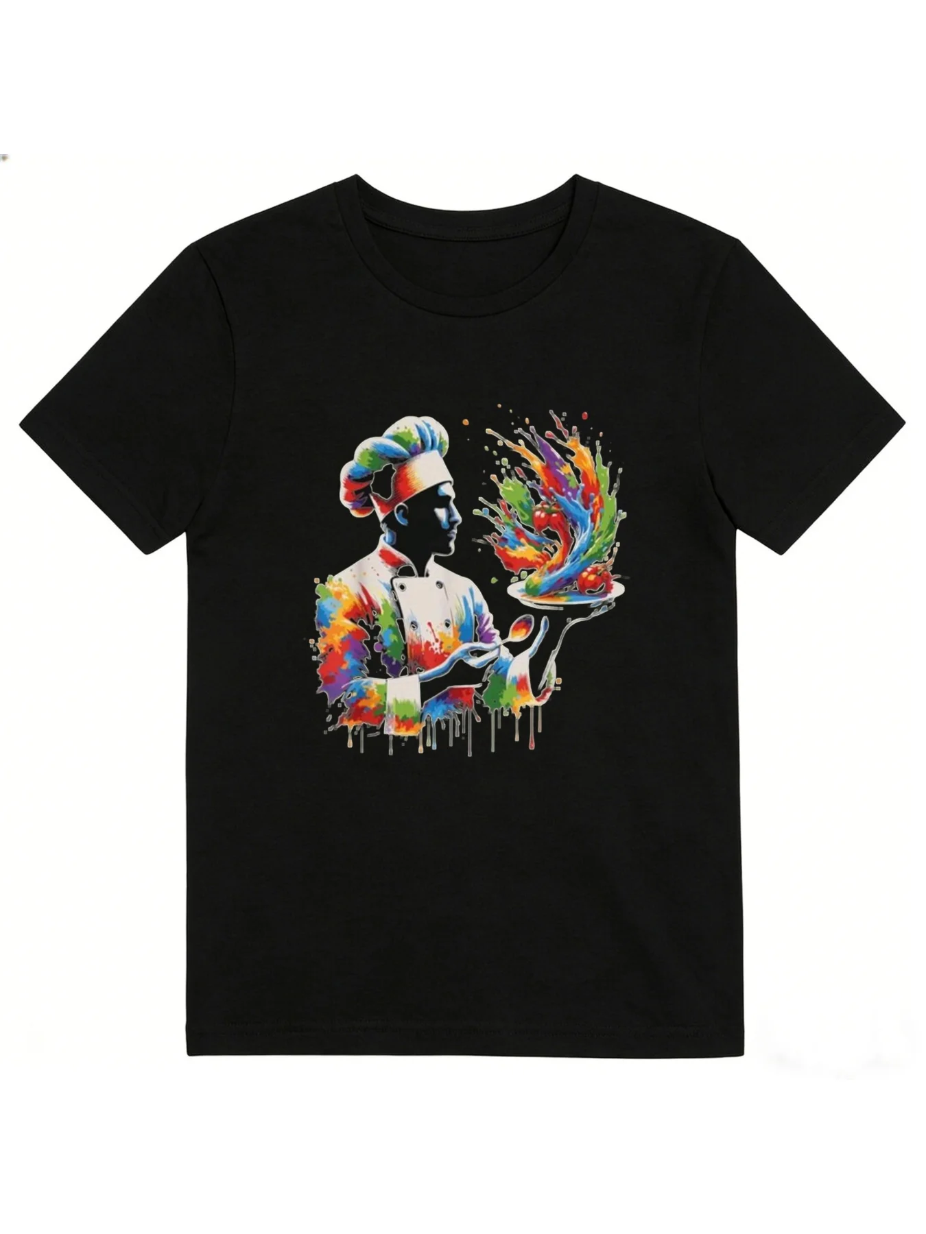 Men's Chef Cooking Shirt with Splash Art Chef Themed Print Non Transparent Durable Fabric Loose Fit (Regular) Round Neck Culinary Uniform for Professional Chefs Restaurant Staff & Culinary St P 01