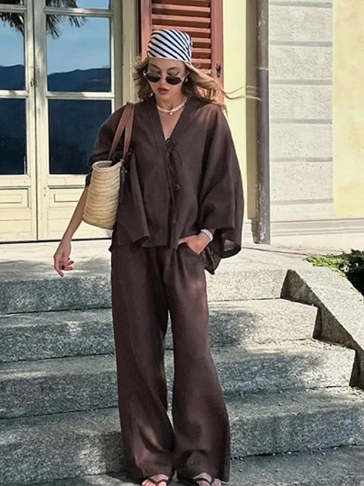 

Women Loose Trousers Suit Purity Deep V Lace-up Cardigans Midi Sleeves Floor-length Pant Set Dark Color Commuting Leisurewear