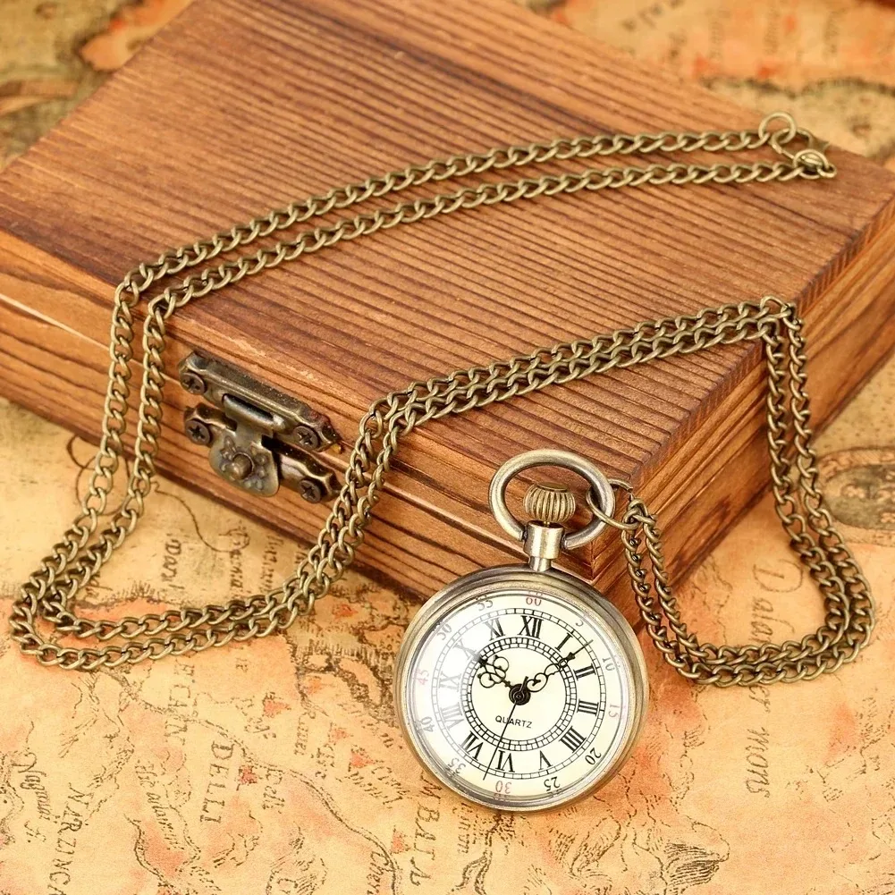 Minimalist Steampunk Vintage Fashion Quartz Pocket Watch With Roman Numerals Antique Numerals Chain Necklace Pendant Mens Gifts
