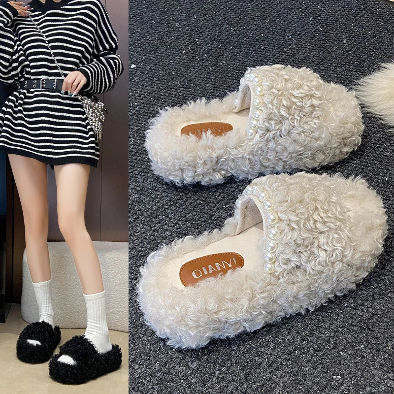 Mulheres de luxo chinelos peludos moda festa vestido saltos 2025 outono inverno novos sapatos de algodão quente dedo do pé quadrado designer pele slides