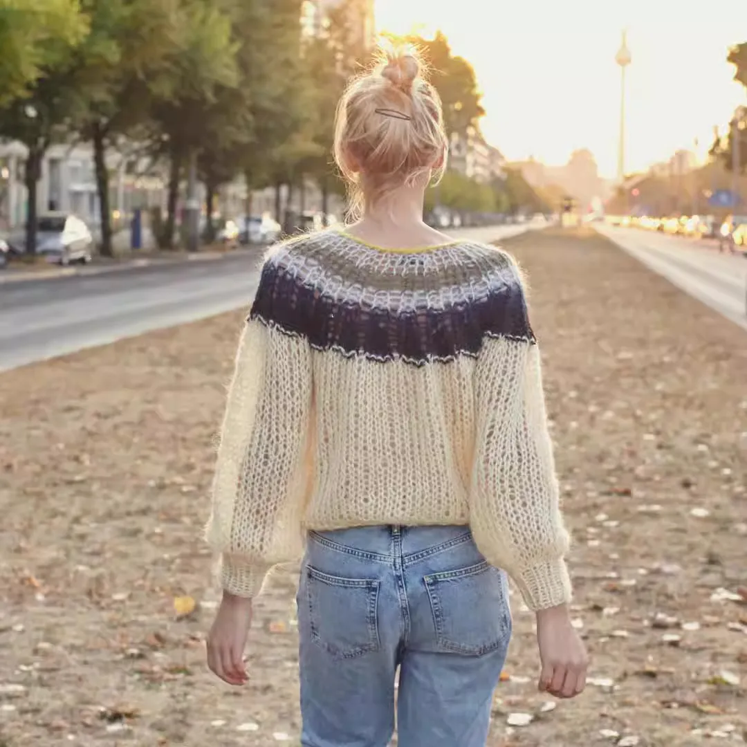 Spring  Loose Fashion Versatile Gradient Color Pullover Mohair Sweater Private Customized Knitted Pullover for Women