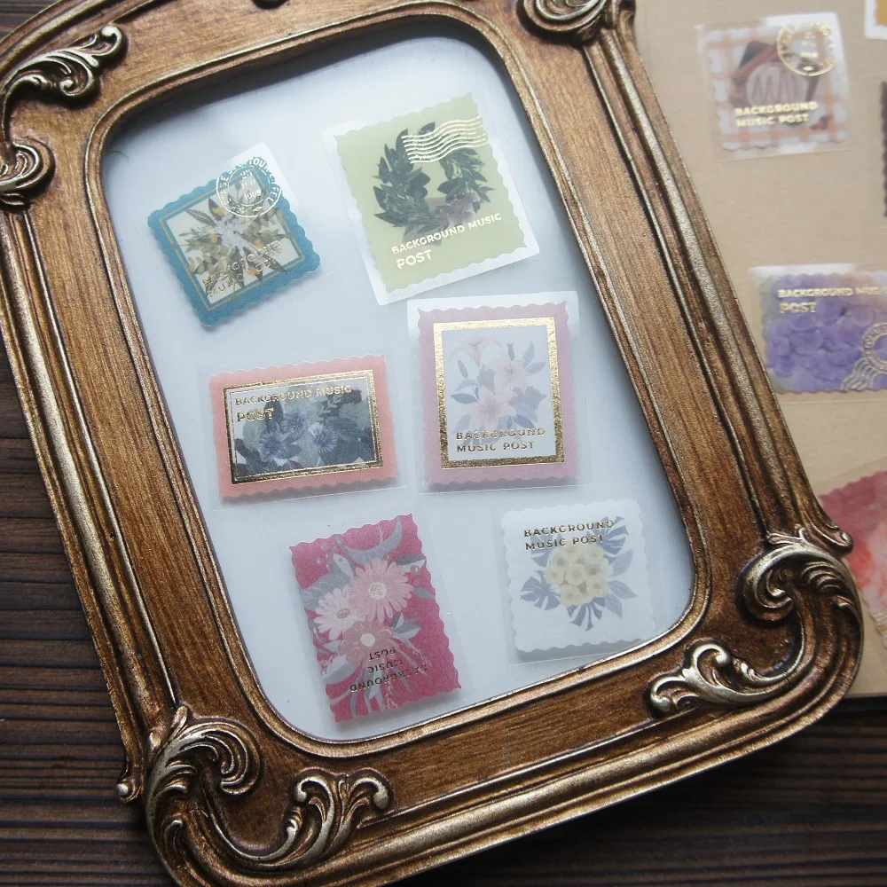 

44pcs Gold Postmark Collect Natural Pattern Stamp Style Sticker Scrapbooking DIY Gift Packing Label Decoration Tag