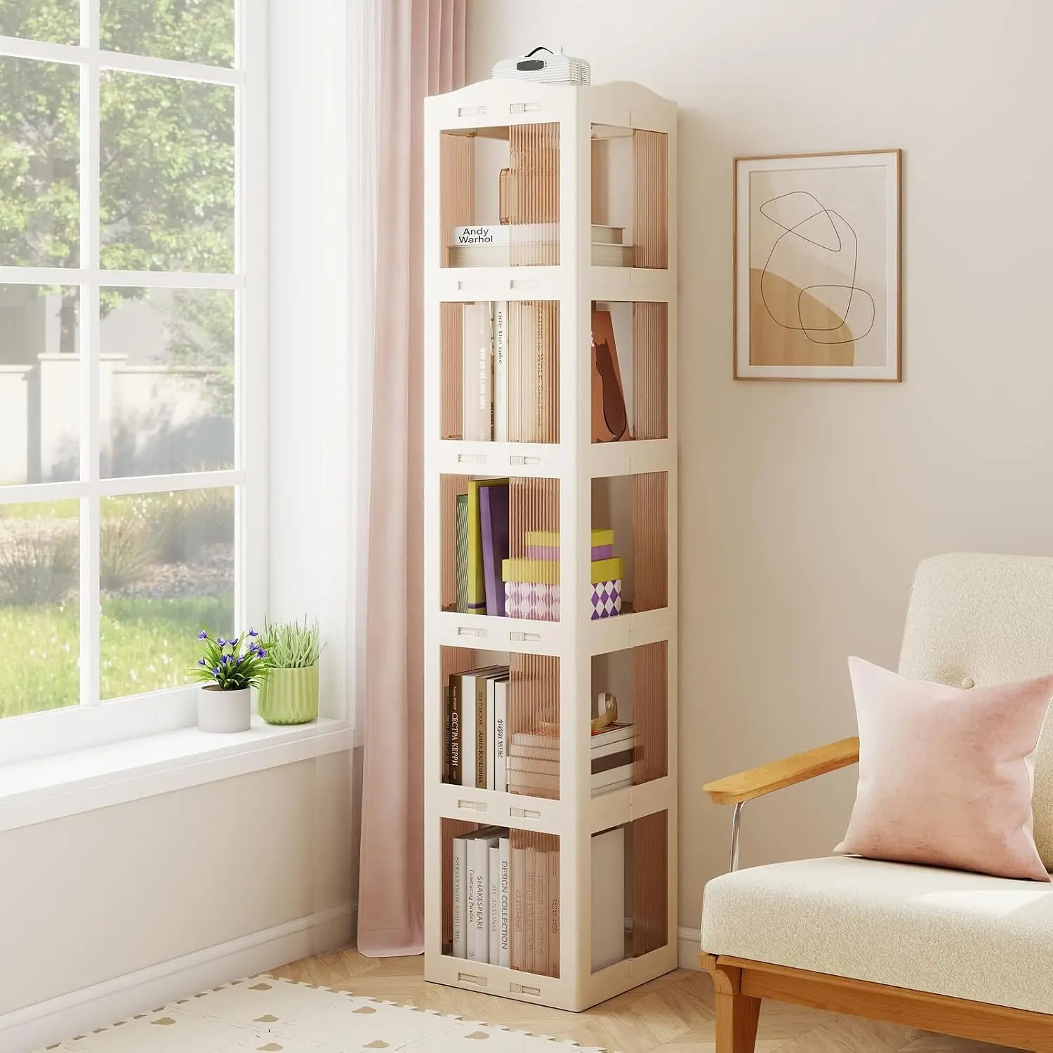 Foldable Rotating Bookshelf 5-Tier Spinning Tower w/Swivel Base 360° Revolving Tall Corner Display Shelf Storage Organizer Livin