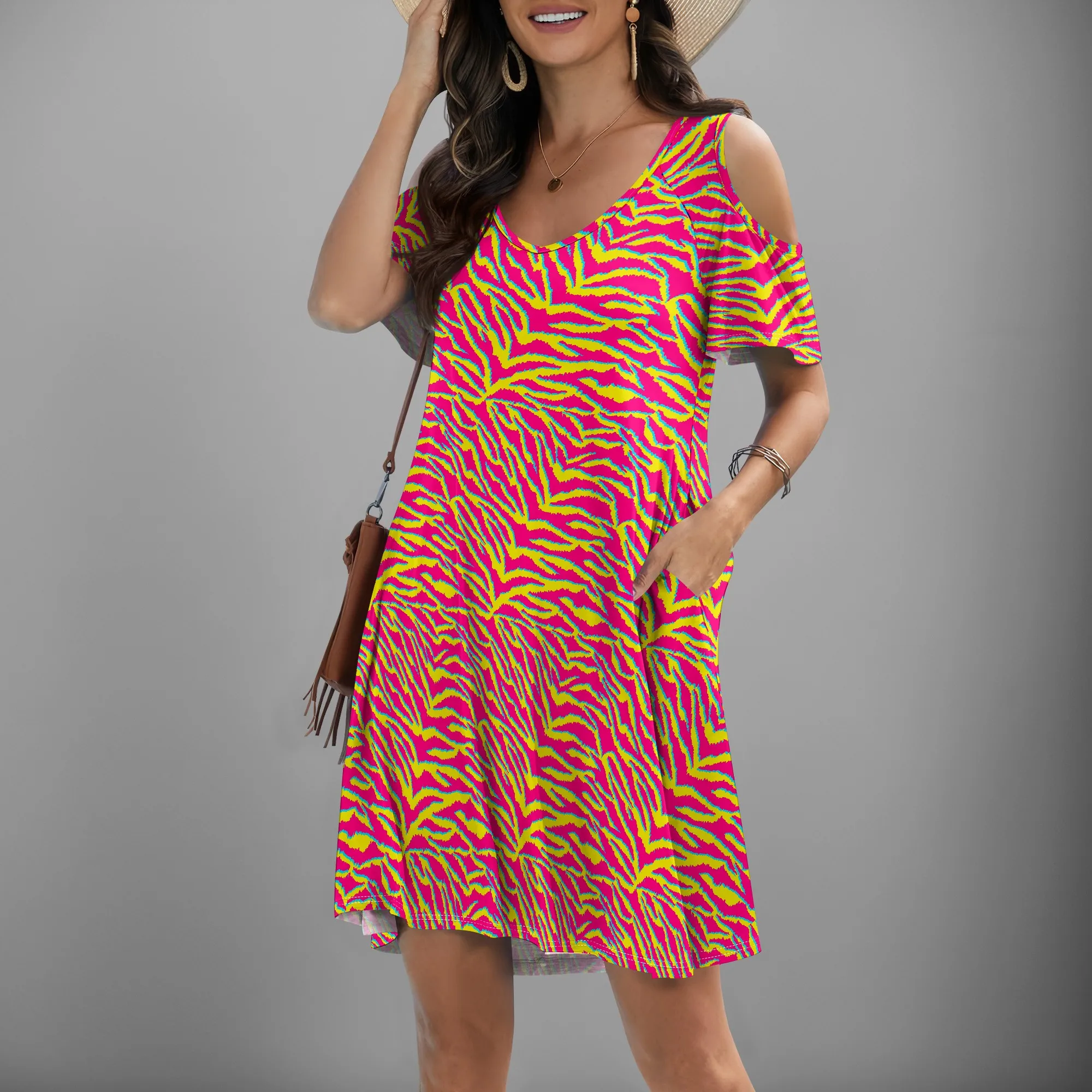 

Women V-neck Short Sleeved Off Shoulder Mini Dress with Pocket A-type Skirt XS-3XL Tiger Stripe Print Flowy
