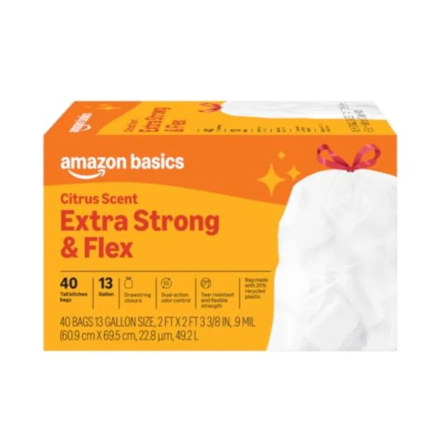 

Basics Extra Strong and Flex Tall Kitchen Drawstring Trash Bags, Scent, 13 Gallon, 40 Count
