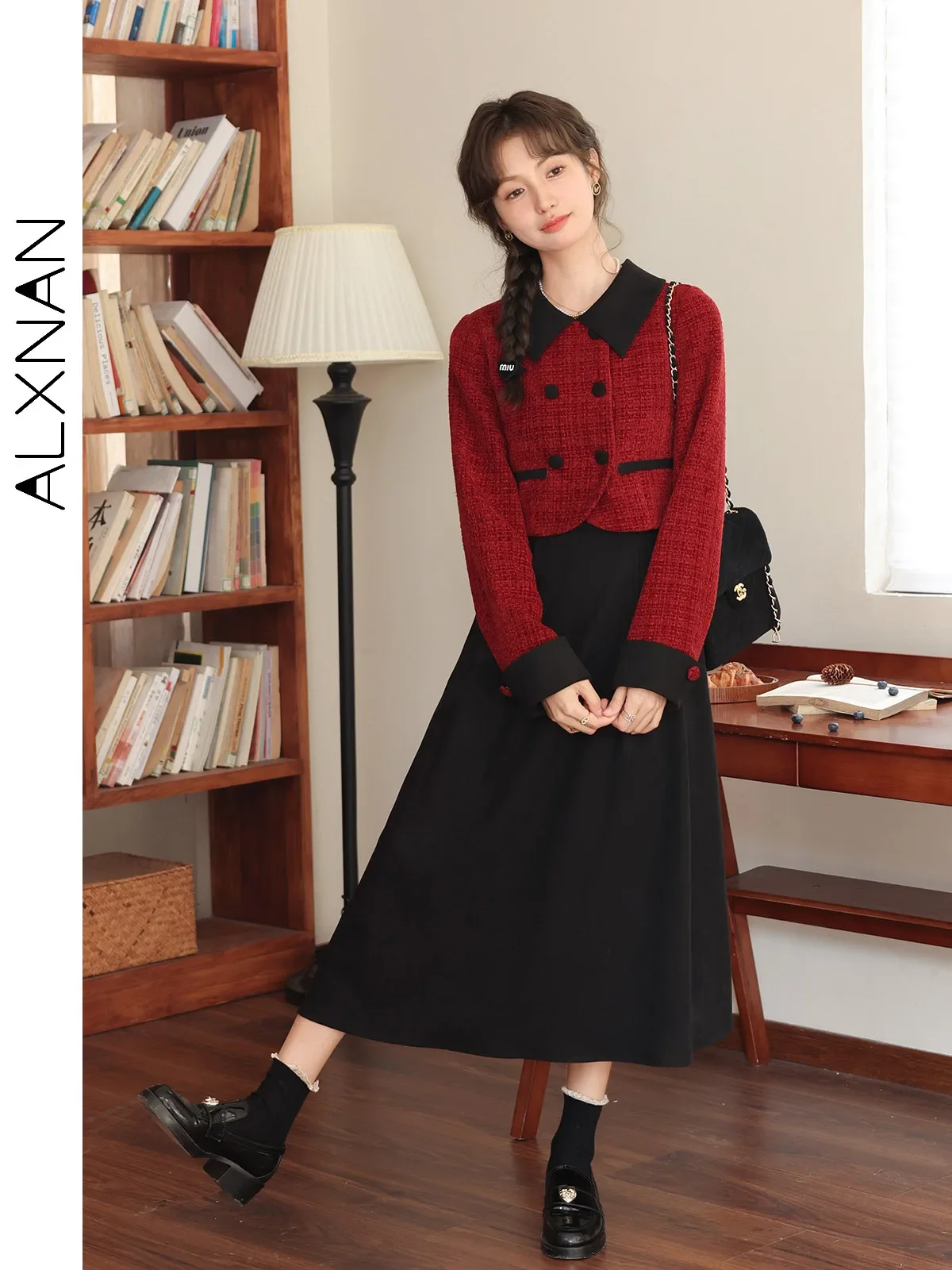 ALXNAN Fake Two Piece Dresses for Women Elegant Tweed A-line Patchwork Lapel Collar Long Sleeve Dress 2024 Fall Winter LXN329109