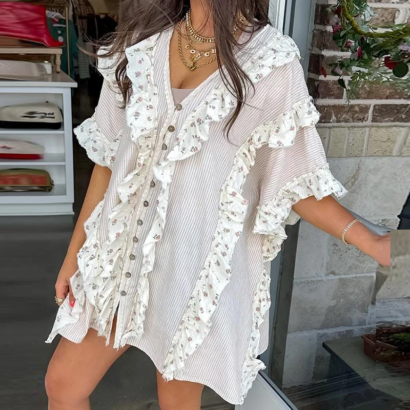 Printemps Patchwork imprimé à volants robe ample femme élégante col en V simple boutonnage chemise robe nouvel été à manches courtes robe de vacances