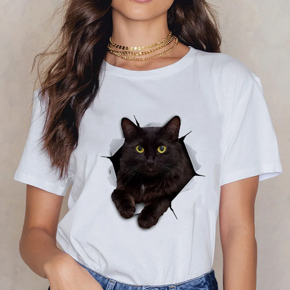 Black Cats Print Tee Pretty Little Thing Cute Kitten Fun Female Trendy Short Sleeve O-Neck Summer Cheap Women's Fashion Clothing