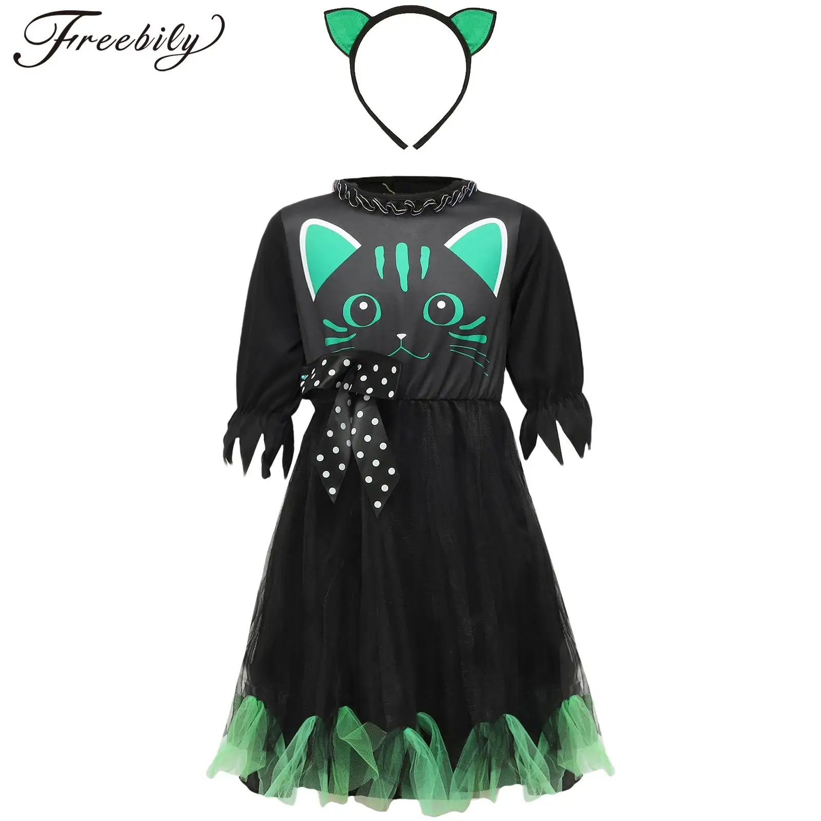 

Kids Girls Sweetie Cat Kitty Cosplay Costume Short Sleeve Kitty Print Tutu Dress Carnival Halloween Performance Fancy Dress Up