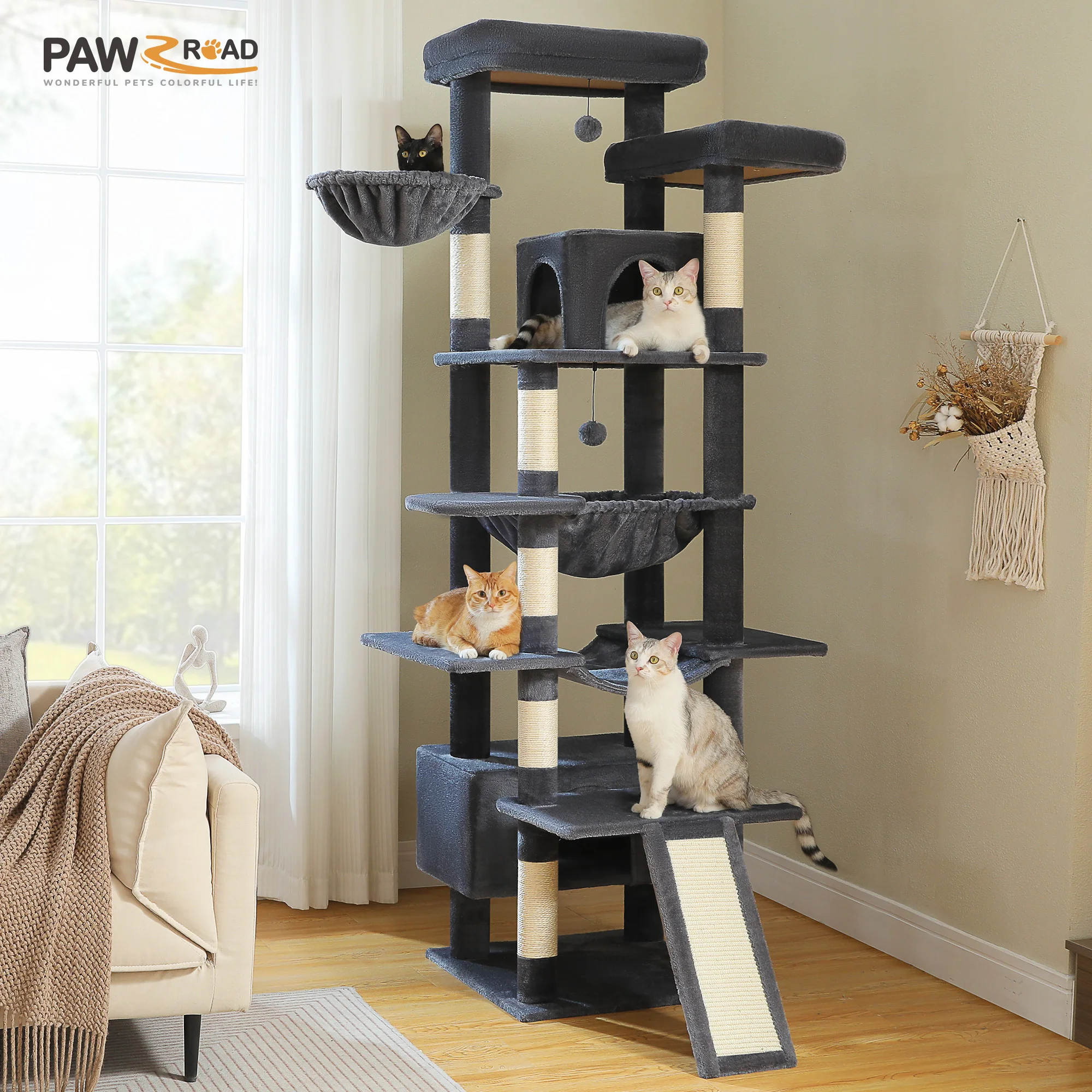 

Multi-Level Cat Tree for Indoor Cats Large Adult Tall Cat Tower with Scratching Posts Large Hammock and Condo Plush Perches Toys