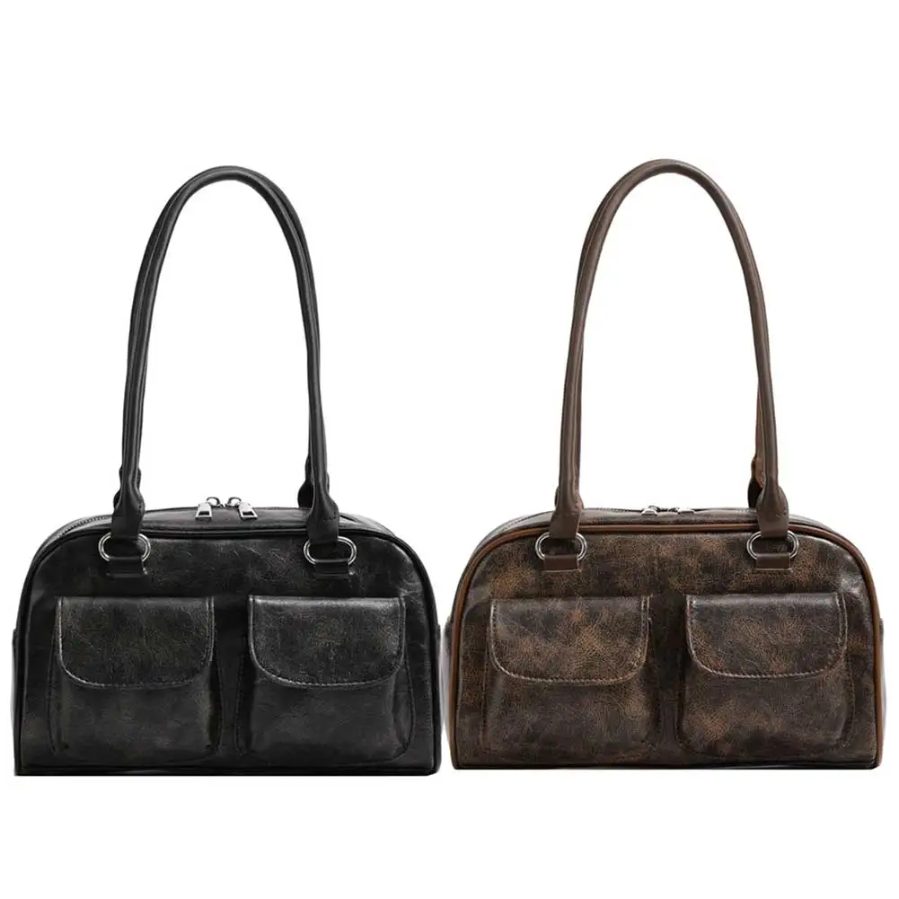 

Women Fashion Armpit Bag Double Pocket PU Vintage Shoulder Bag Solid Color Stylish Underarm Bags Large Capacity Retro Handbag