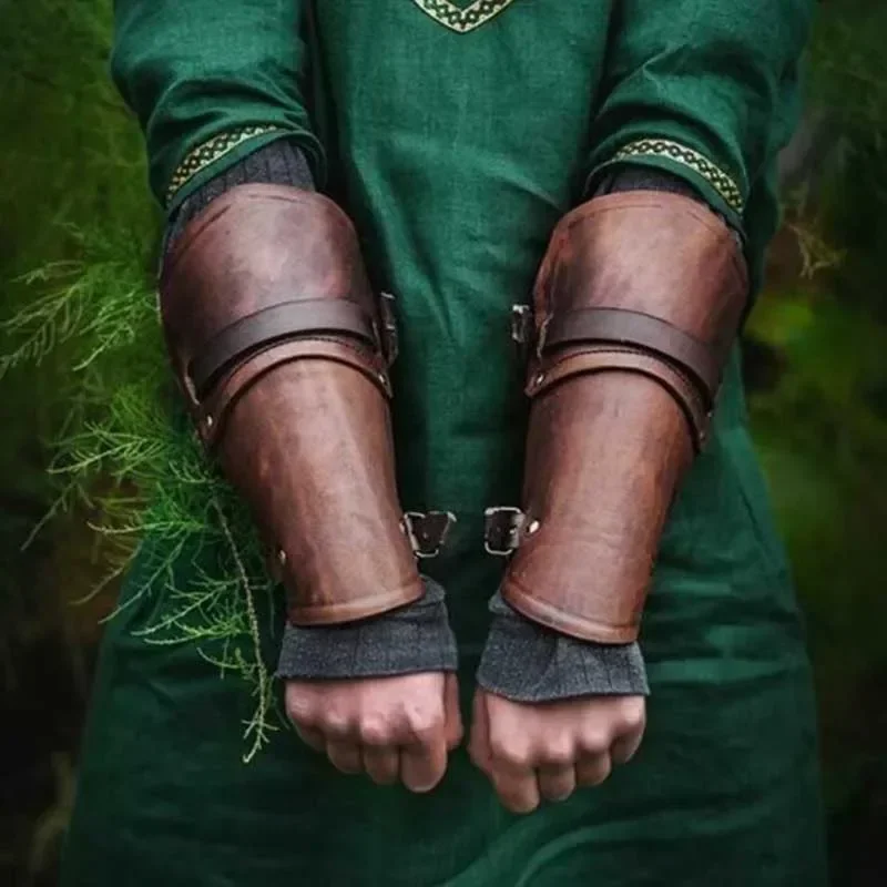 1Pair Adjustable Hunting Hand Wrist Protection Vintage Samurai Leather Armor Bracer Medieval Armor Gloves for Men Cosplay Props