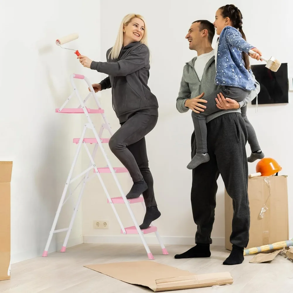 Escalera plegable con bandeja para herramientas, capacidad de 400 libras, pedales antideslizantes, ligera, portátil, construcción de acero resistente, ideal f