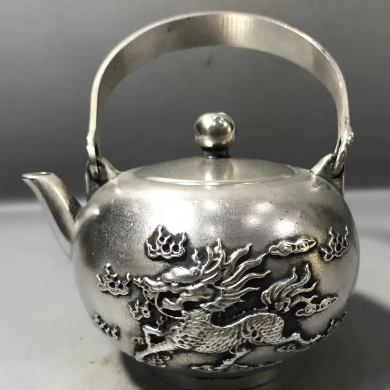 

Antique Silverware Collection Retro Kirin Handheld Beam Wine Pot Teapot Home Hotel Tea Ceremony Decoration Craft Ornament
