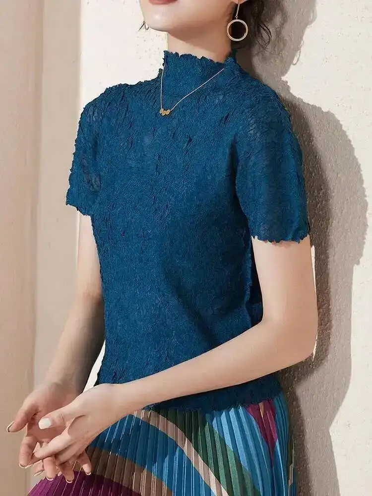 Sleeved Basic Short Top Women's Summer Slim Fit Temperament Stand Collar Black Pleated Tee 2025 New Purple Tops 2E13E