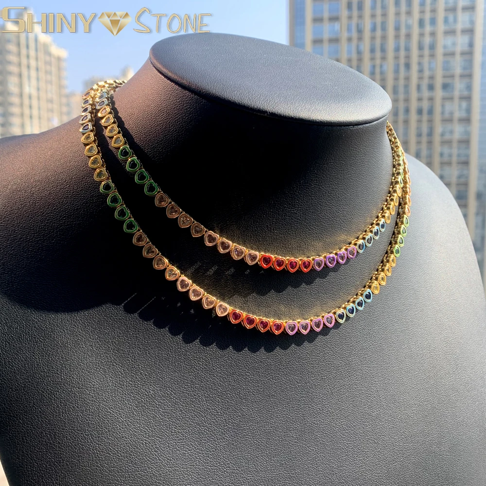 

Colorful Heart Shape CZ Tennis Necklace Rainbow Cubic Zirconia Iced Out Bling Girl Women Jewelry Choker Necklace