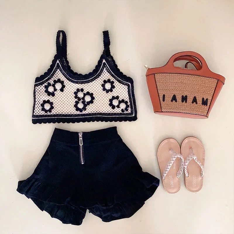 

Fashion Baby Girl Knitted Clothes Set Strap Flower Vest+Shorts 2PCS Infant Toddler Child Summer Crop Top Clothing Suit 1-12Y