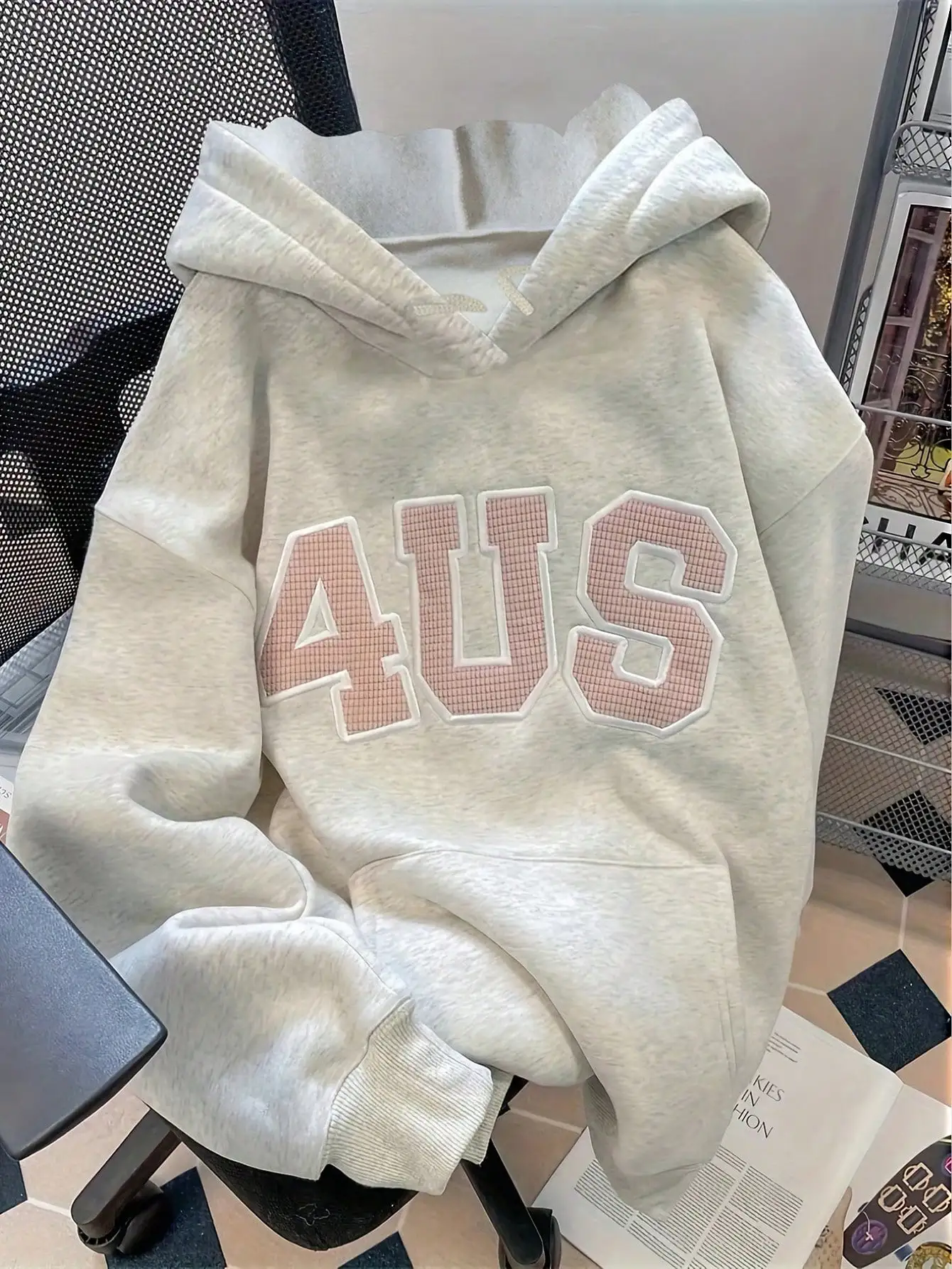 Women's Oversized Drop Shoulder Hoodie with Embroidered Letter Graphic