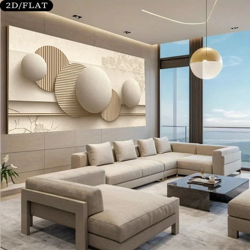 Frameless Canvas Painting2D Flat Modern Minimalist Beige & Abstract Wall Art Print - Frameless Canvas With Beige/ Spheres, Circl