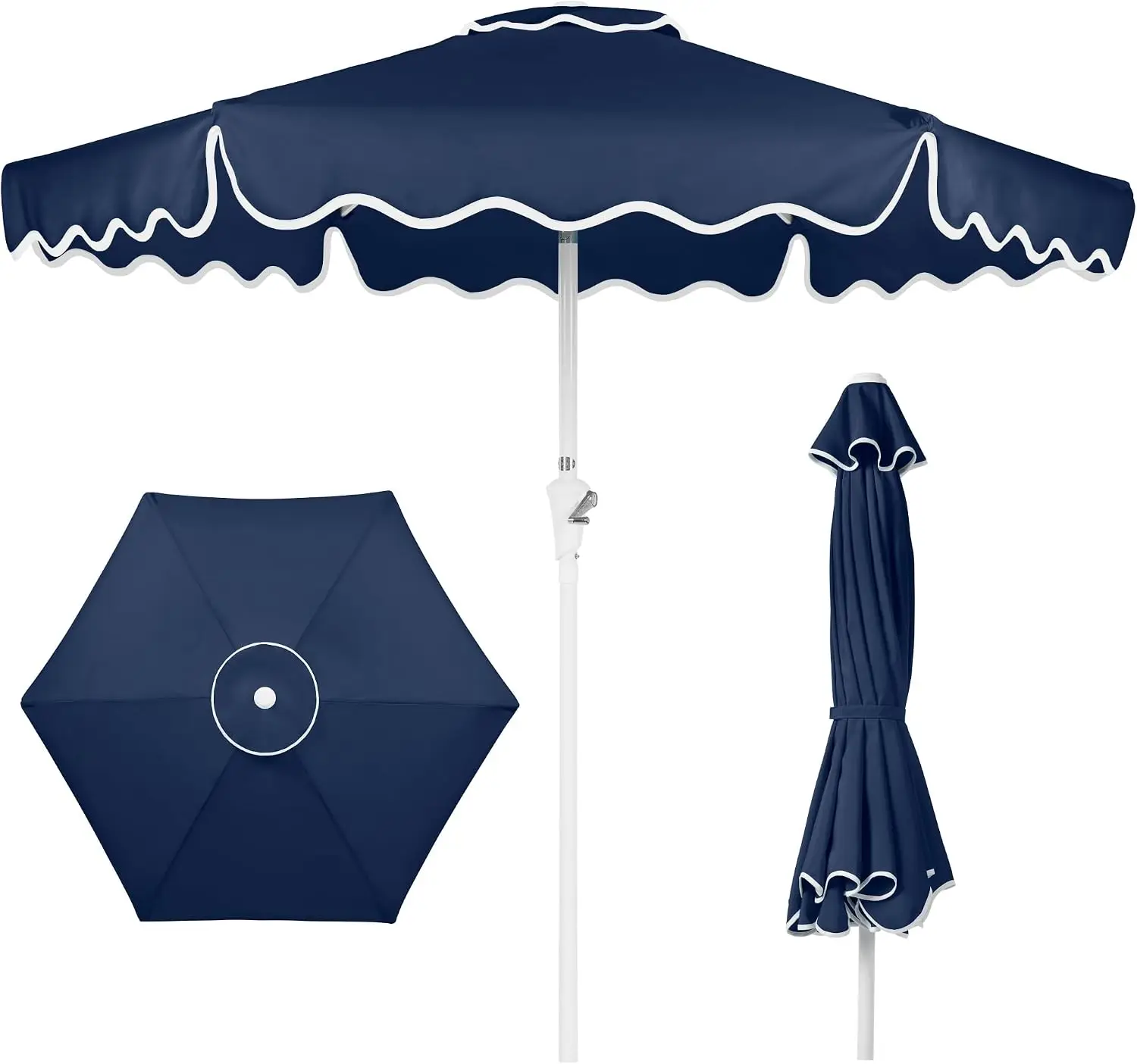 7.5ft Patio Market Umbrella with Wavy Trim, UV-Fade-Resistant 210g Canopy, Crank & Tilt, Wind Vent, Heavy-Duty Frame - Navy Blue