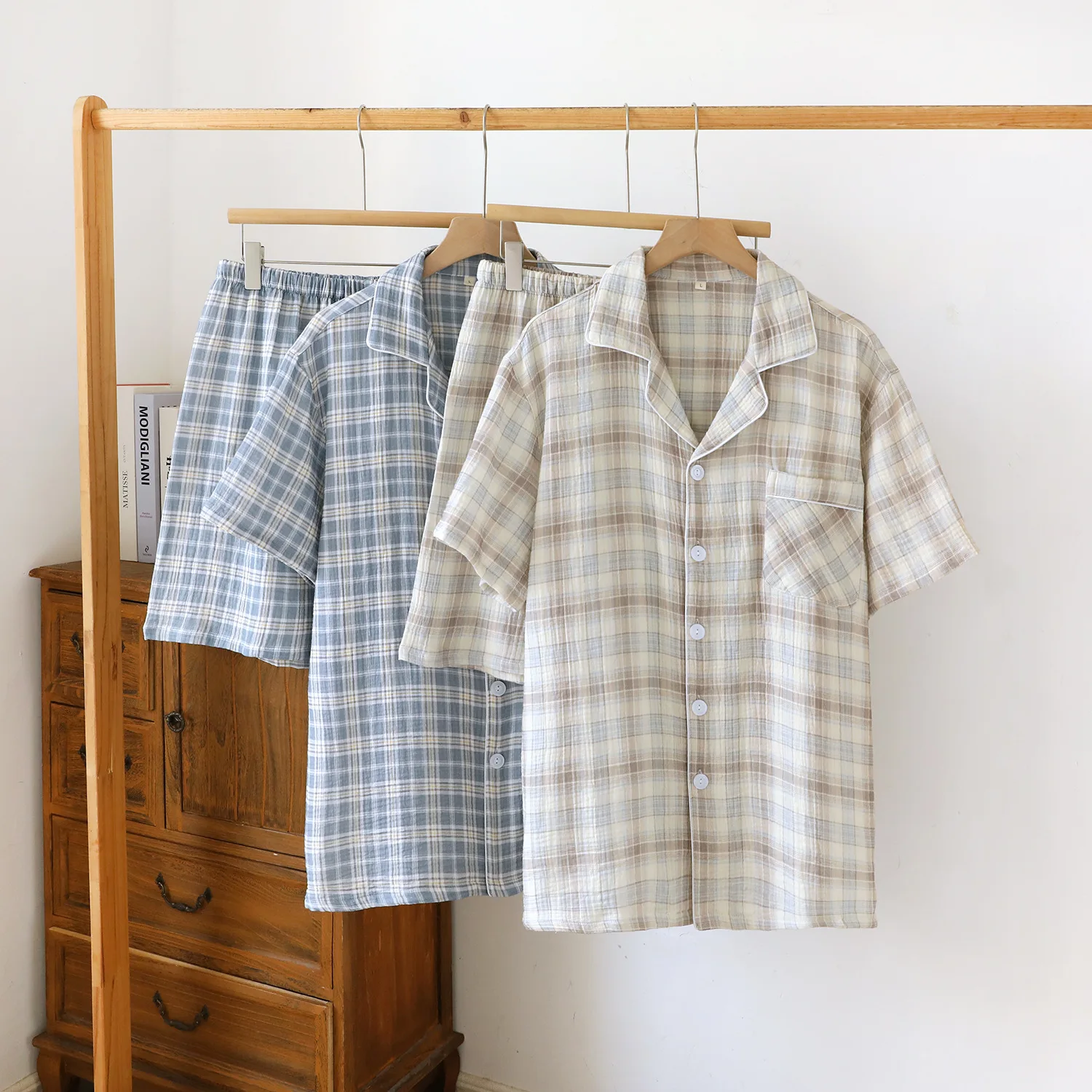 Men's Cotton Plaid Pajama Set Summer Shorts