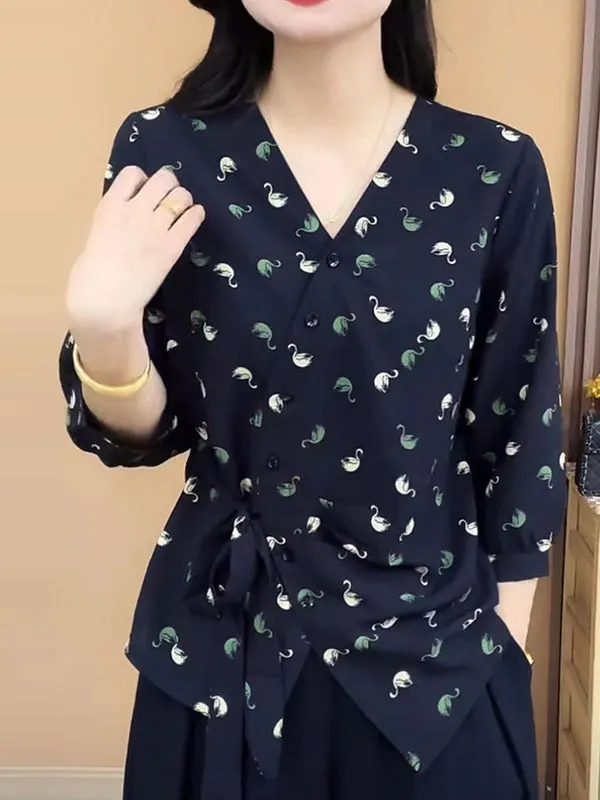 

Модная уникальная повседневная женская рубашка в элегантном стиле, свободного кроя, с V-образным вырезом, рукавом 3/4, дышащая, приятная для кожи, больших размеров