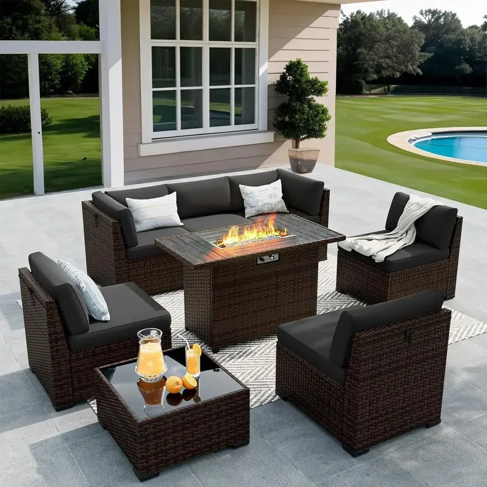 8-Piece Outdoor Patio Furniture Set with 44 Fire Pit Table, Rattan Sectional, Coffee Table, Waterproof Covers, Gray