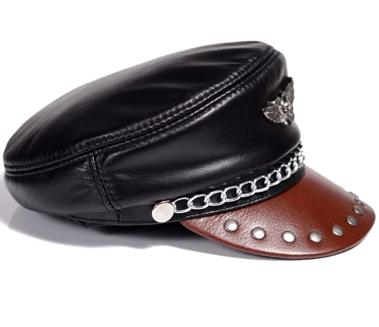 Unisex Real Leather Black/Brown Leisure Locomotive Punk Flat Military Hats For Men Women