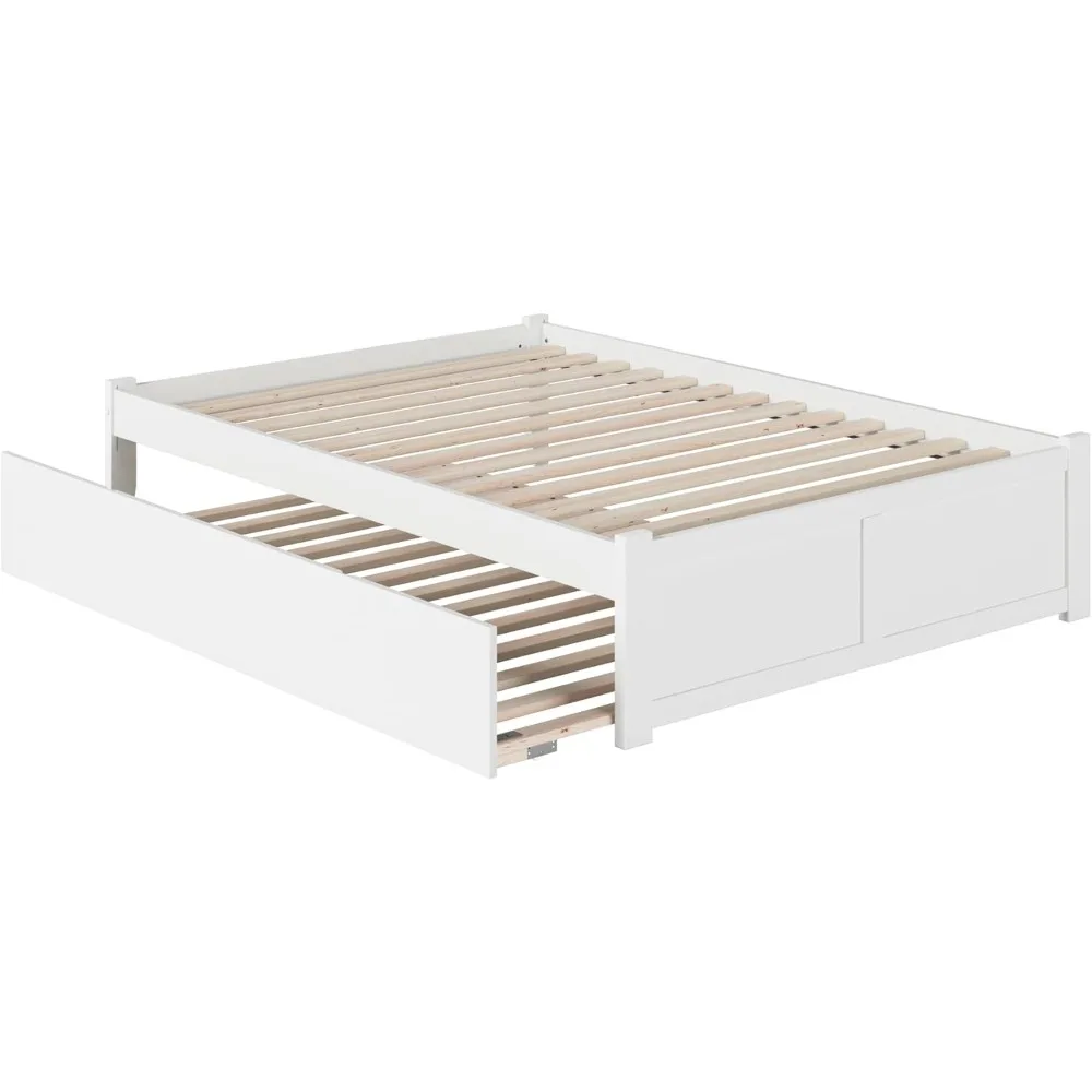 

white full size platform bed with footboard and full trundle