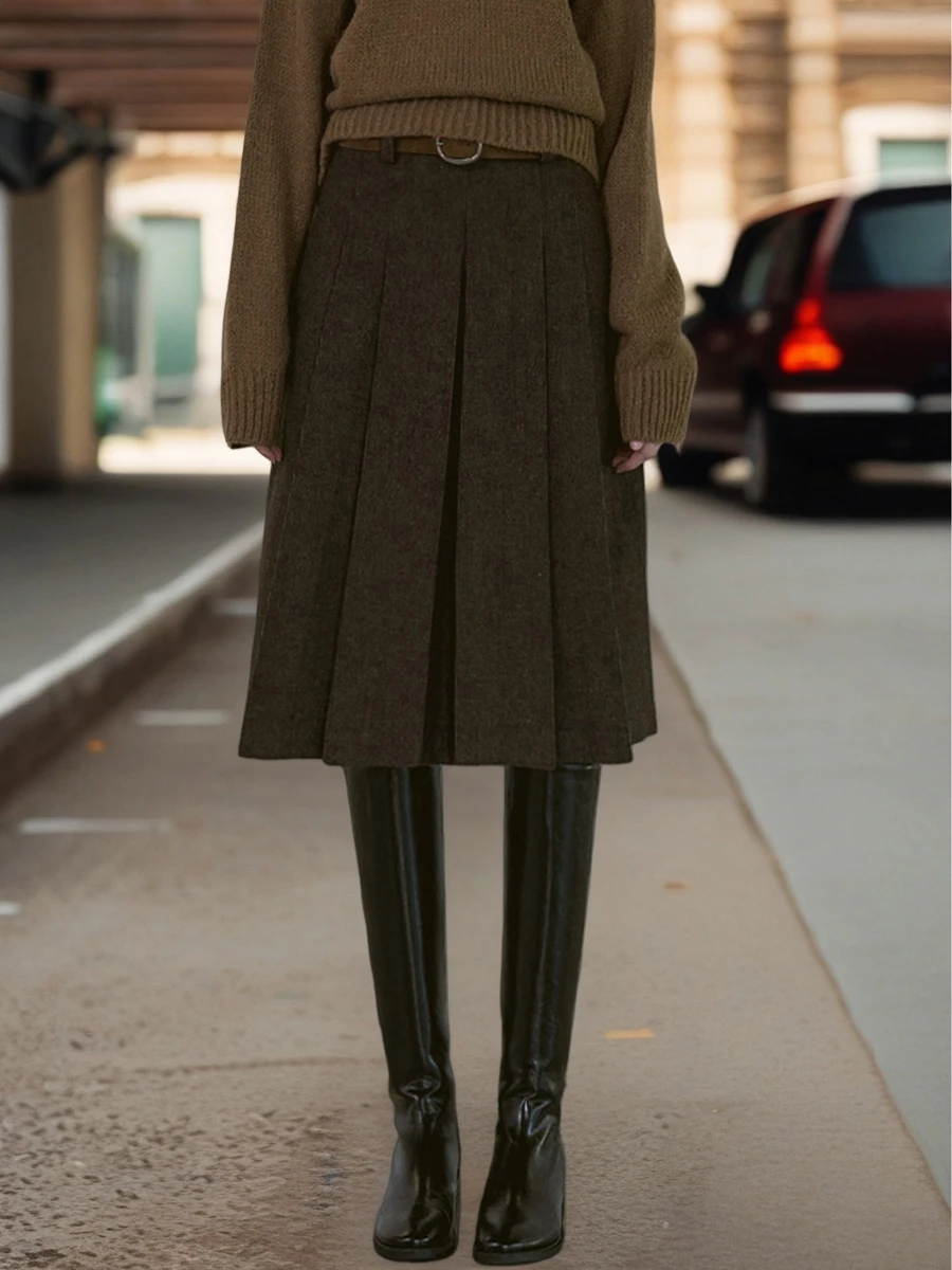 Caramel Thick Woolen A-Line Midi Skirt Women's Autumn Winter New High Waist Commute  Skirt Small Size Midi Length Pleated...