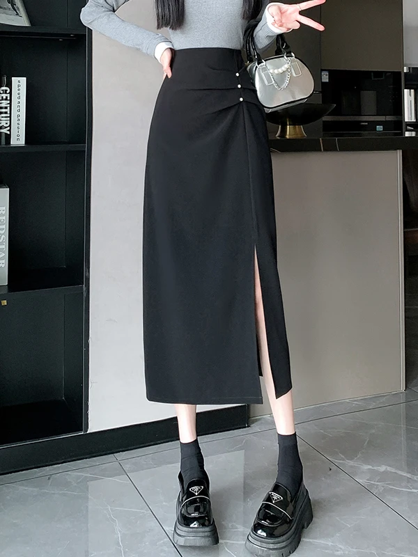 Slimming Asymmetrical Pleated Split High Waist Commuter Midi Skirt Professional Versatile Business Casual Polyester Fiber