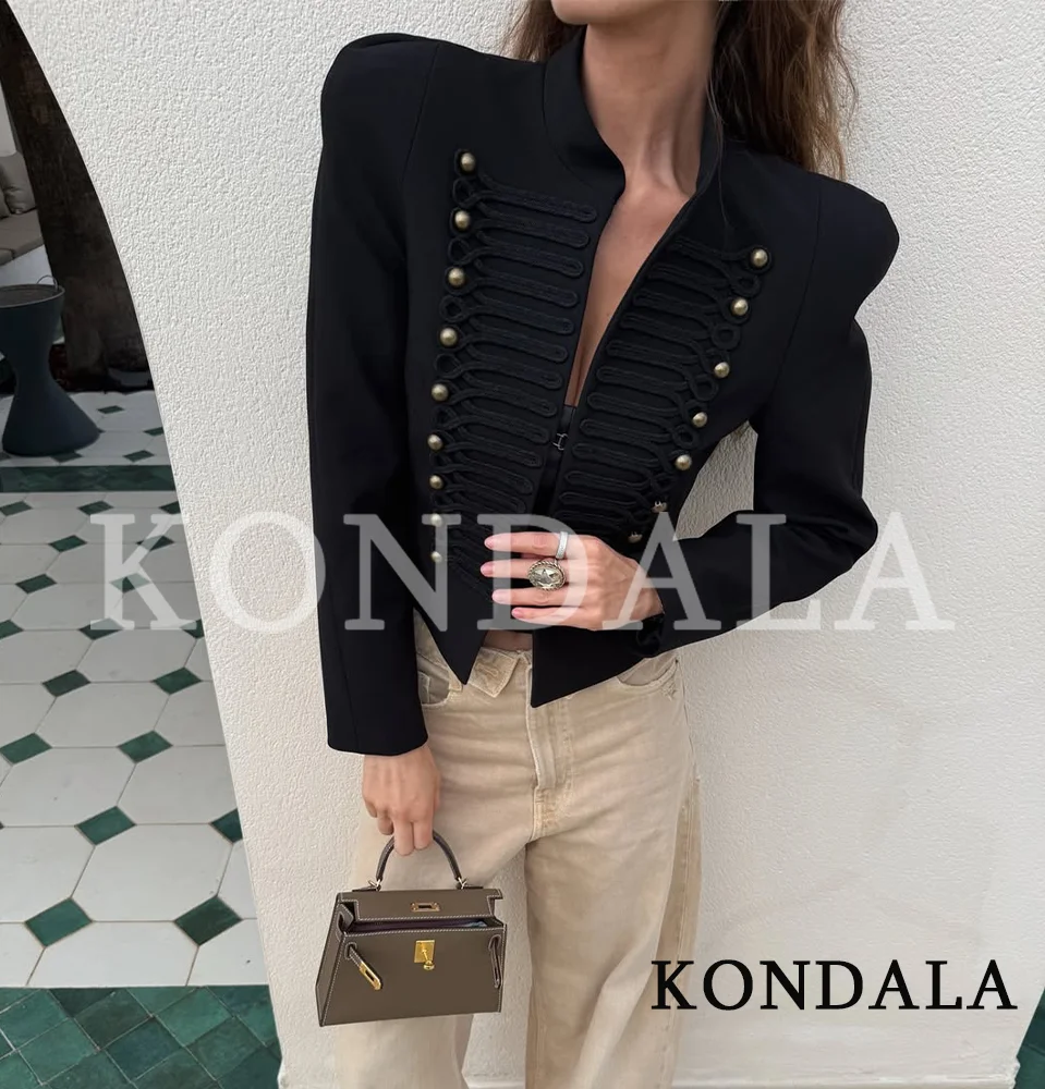 KONDALA Women Vintage Elegant Napoleon Jacket 2026 New Trends Spring Dinner Slim Jacket Lady Chic Classic Shoulder Padded Jacket