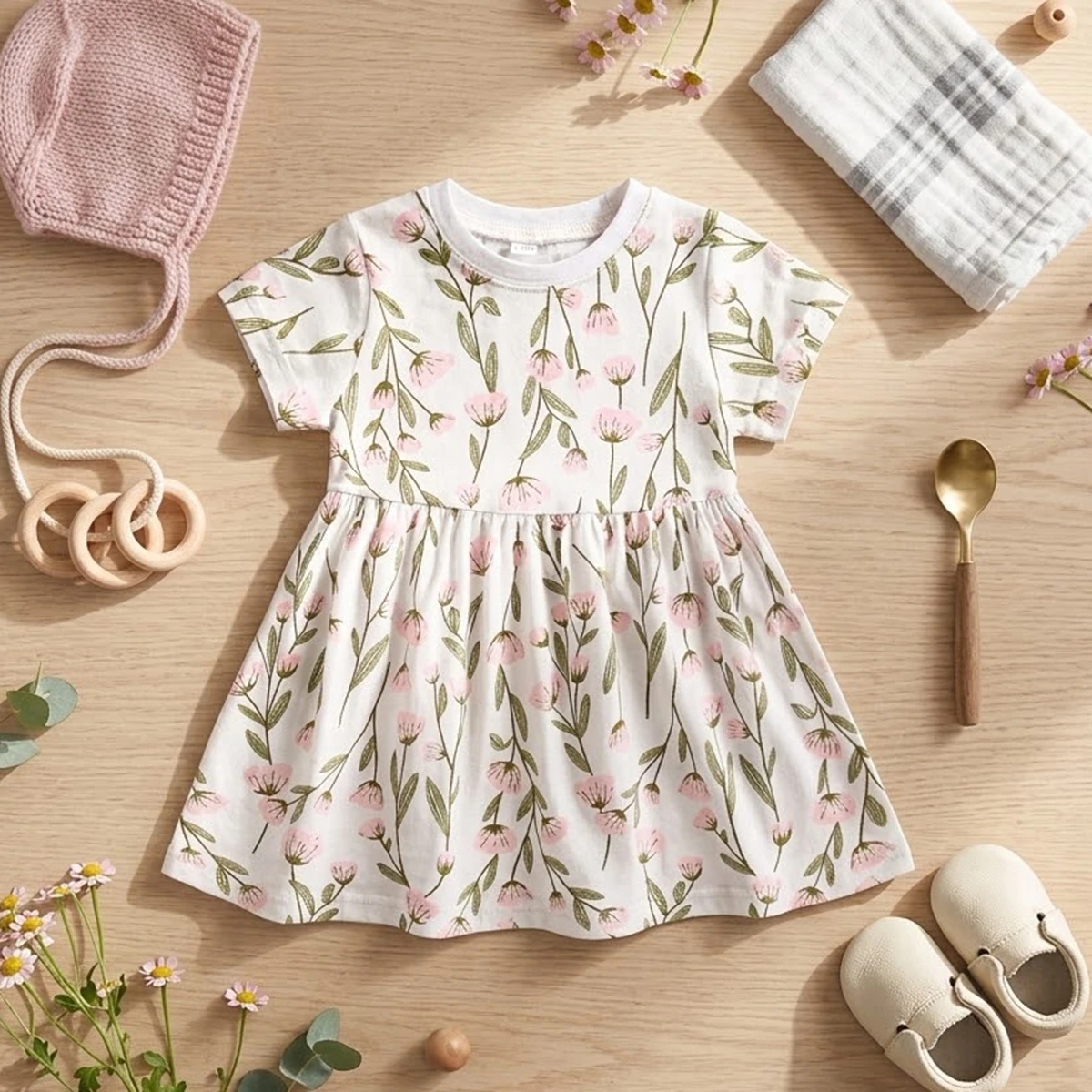 Vestido de Verano para Bebés Niñas, Manga Corta, Casual, con Flores, para Vacaciones