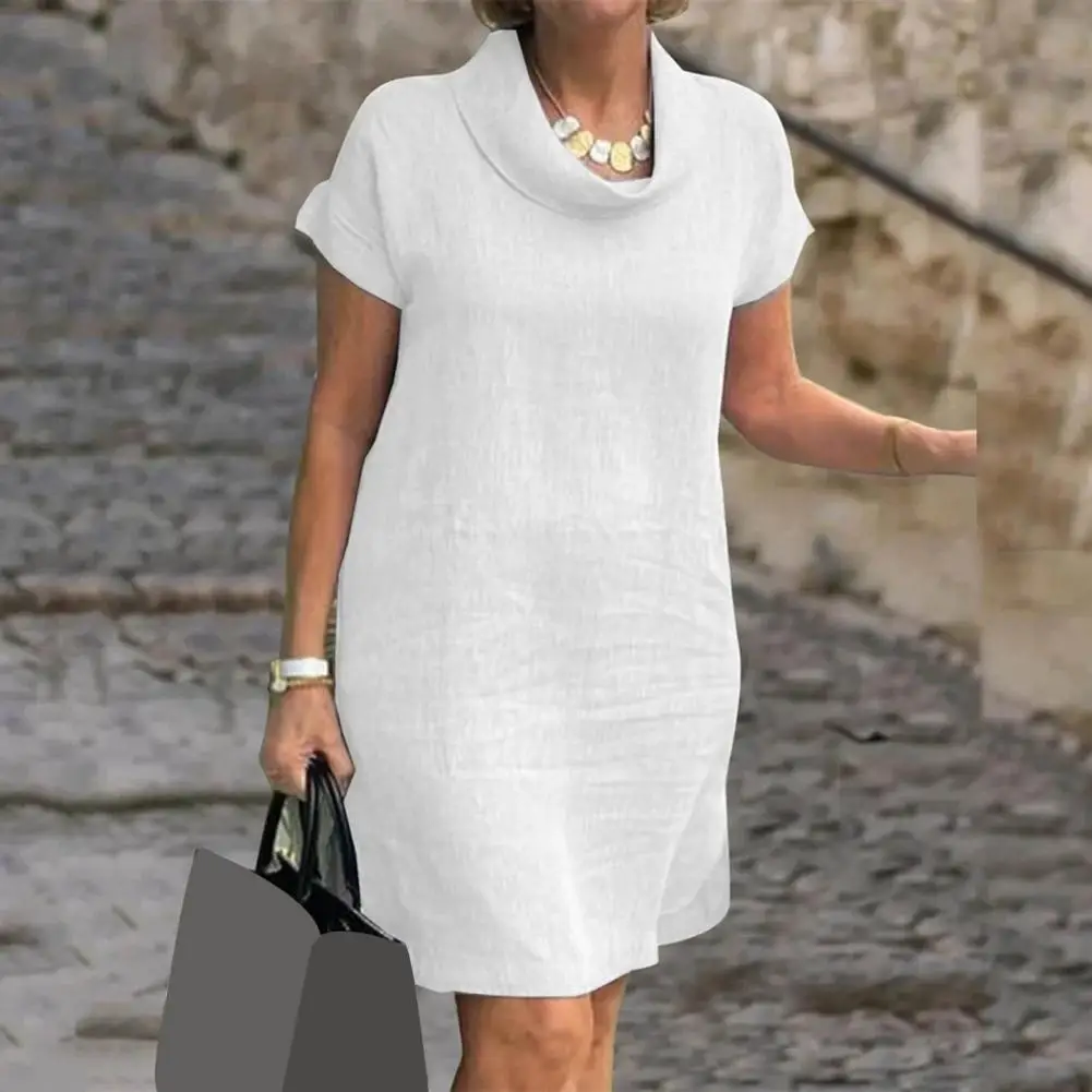 Elegant Short Sleeve Dress Soft Solid Color Summer Dress with Scarf Collar Knee Length for Commute Midi for Women