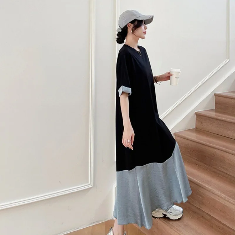 Vestido solto coreano 2025 verão novo longo algodão costura acetato cetim francês qualidade feminina rolo manga curta vestido