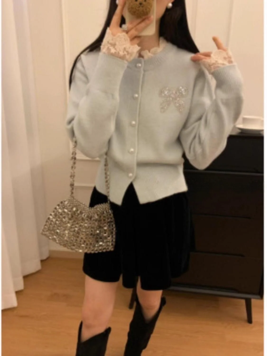 

Желтый вязаный свитер с кружевным узлом и бриллиантами, женский модный осенне-зимний топ средней длины, внутренняя одежда