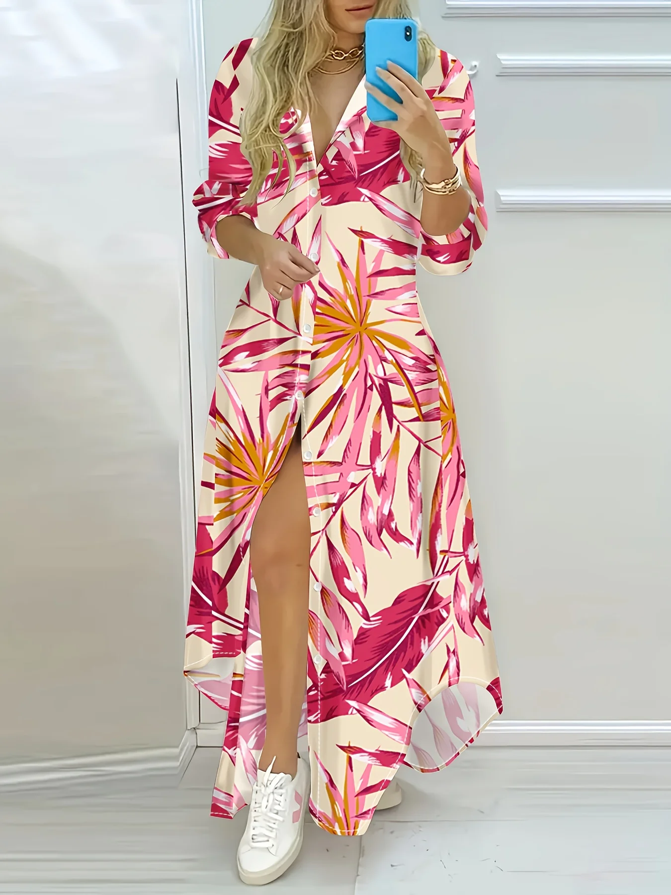Printed Design Leisure style tropical leaf flower pattern long sleeved dress
