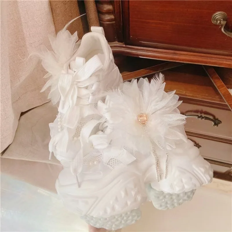 White floral lace rhinestone tassel pearl women's shoes hand-customized low-top lace-up casual sports shoes 34-39 view 3