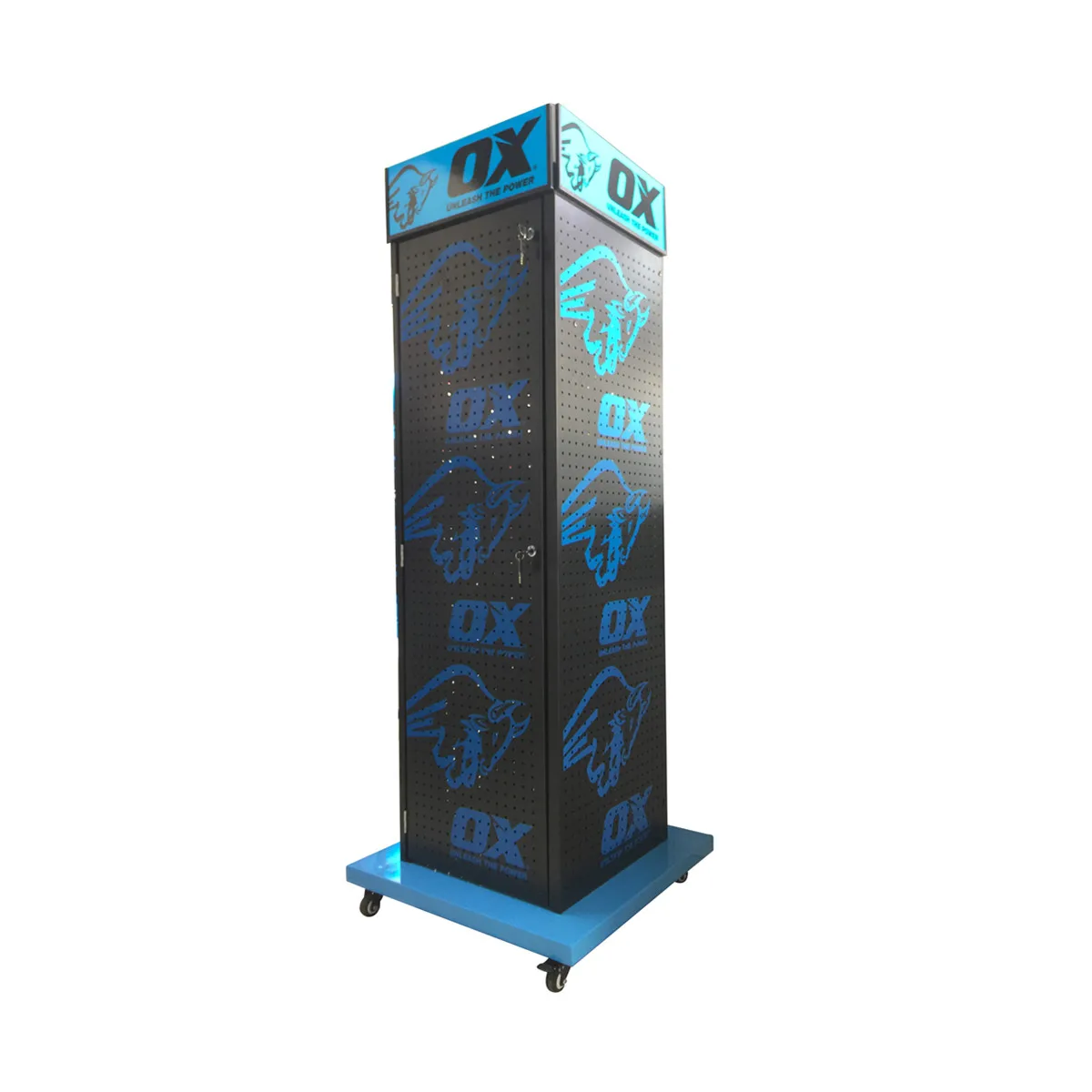 Cabinet Style 4-sided Display Metal Movable Floor Standing Pegboard Hardware Tools Display Stand Customized For Famous Brand