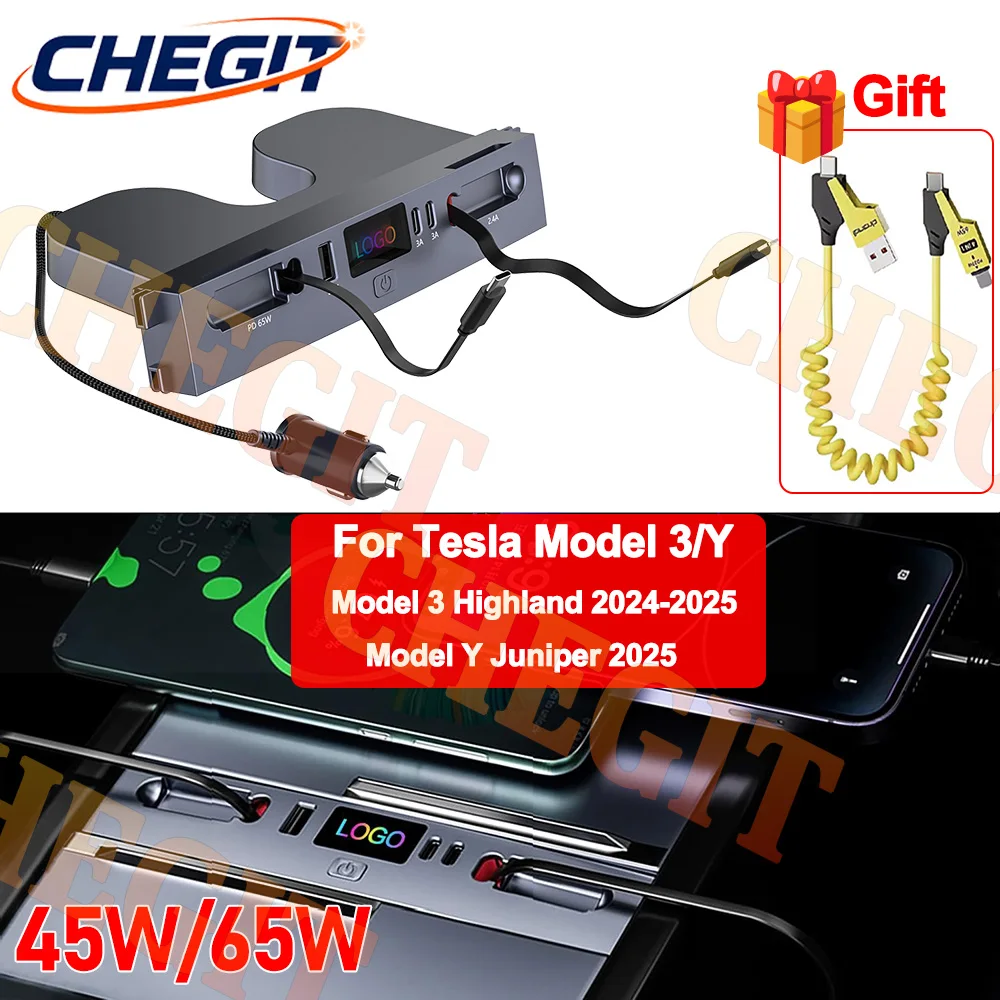 45 واط 65 واط ل تسلا 2024-25 نموذج 3 / 25 نموذج Y ، USB تحويلة محور محطة إرساء ذكية محول السيارة بالطاقة الفاصل تمديد #1