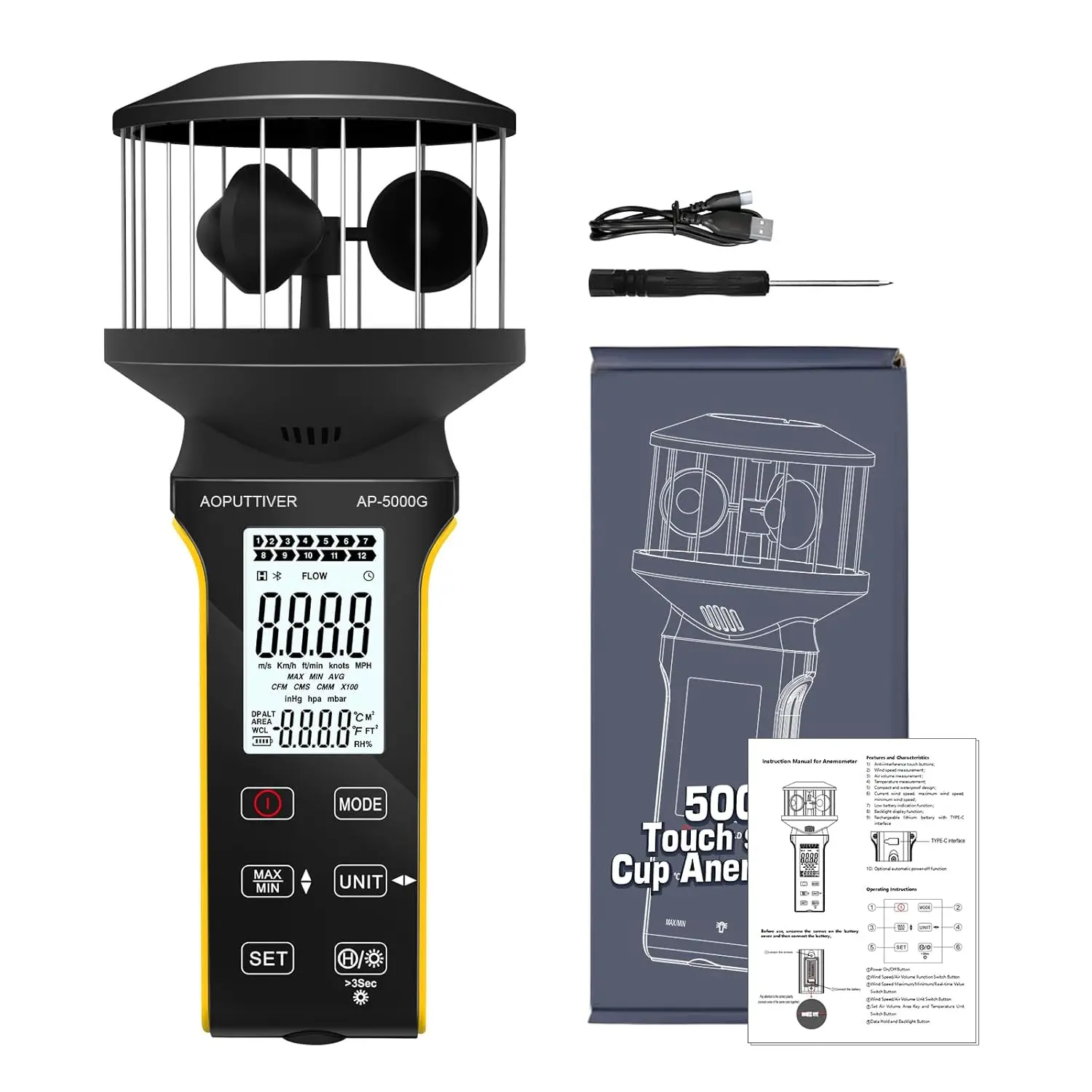 Digital Cup Anemometer, Handheld Wind Speed Meter with Anti-dust Touch Button, Rechargeable Wind Gauge CFM Meter, Waterproof