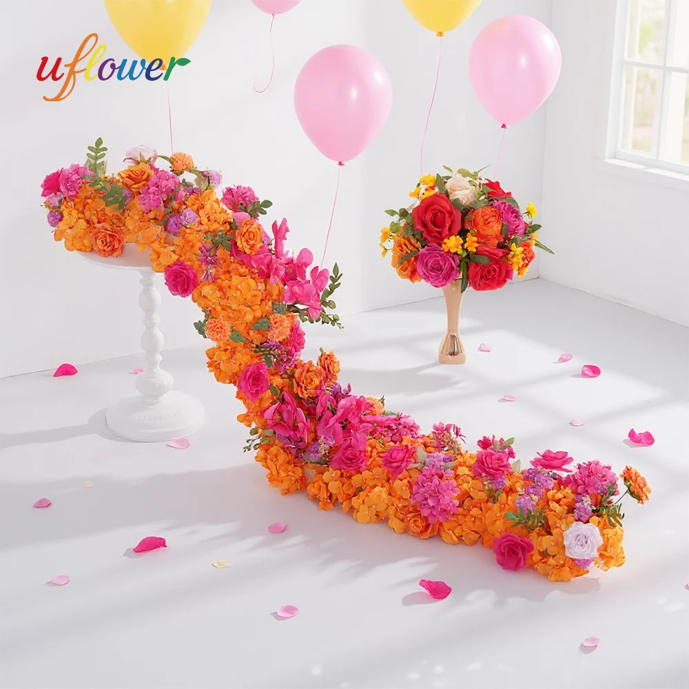 

Uflower 2M Pink Orange Rose Artificial Large Runner Flower Row Floral Ball Decor Backdrop Wedding Centerpiece Table Bouquet